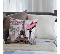 KHWEJ Cushion Covers Square Throw Pillow Case Printed Soft Pillowcases for Outdoor Patio Sofa Balcony Living Room,atercolor Paris View Spring Eiffel Tower Pink Vintage Street Girl,20x20 in