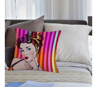 KHWEJ Cushion Covers Square Throw Pillow Case Printed Soft Pillowcases for Outdoor Patio Sofa Balcony Living Room,Blue Eyed Lovely Woman with Striped Background Pop Art advertising R,18x18 in