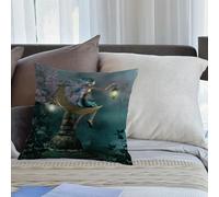 KHWEJ Cushion Covers Square Throw Pillow Case Printed Soft Pillowcases for Outdoor Patio Sofa Balcony Living Room,Fantasy,Little Pixie with Lantern Sitting on Moon Stone Fairytale Myth Kitsc,18x18 in