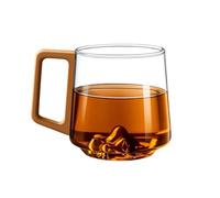 KHZen Glass Coffee Mug with Artistic Mountain Bottom and Wooden Handle for Coffee & Teas Multifunctional Drinking Cup 450ml Retro Mug