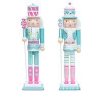 KI Store Christmas Nutcracker Pink and Blue 38cm Set of 2 Wooden Nutcracker Soldier Figurine Display Set for Kids Room Baby First Christmas Decor