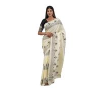 Kiaaron Handicrafts Women's Ikat Hand Block Print Jaipuri Cotton Mulmul Saree with Blouse Piece, Cream_sn, One Size