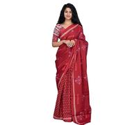 Kiaaron Handicrafts Women's Ikat Hand Block Print Jaipuri Cotton Mulmul Saree with Blouse Piece, Maroon_24-1, One Size