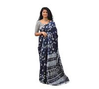 Kiaaron Handicrafts Women's Ikat Hand Block Print Jaipuri Cotton Mulmul Saree with Blouse Piece, Sup_BlueFlower_5, Free Size