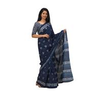 Kiaaron Handicrafts Women's Ikat Hand Block Print Jaipuri Cotton Mulmul Saree with Blouse Piece, Supnew_bluetree_3, One Size