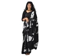 Kiaaron Women's Ikat Hand Block Print Jaipuri Cotton Mulmul Saree with Blouse Piece, Black, 5.5 Meters