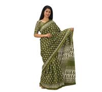 Kiaaron Women's Ikat Hand Block Print Jaipuri Cotton Mulmul Saree with Blouse Piece, Sn_green_42, One Size