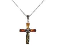 Kiara Jewellery 925 Oxidised Sterling Silver Amber Jewellery Mixed Amber Strapped Cross Pendant Necklace on 18" Sterling Silver Chain.