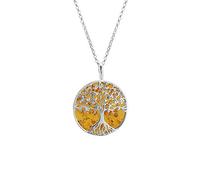 Kiara Jewellery 925 Sterling Silver Amber Jewellery Large Tree Of Life Pendant Necklace Set Upon A Disc Of Brown Amber On 18" Italian Diamond Cut Rhodium Belcher Chain.