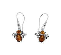 Kiara Jewellery 925 Sterling Silver Flying Bee Fishhook Earrings Inset With Brown Baltic Amber.