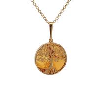 Kiara Jewellery 925 Sterling Silver Gold Plated Small Tree Of Life Pendant Necklace Set Upon A Disc Of Brown Amber On 18" Italian Silver Chain.