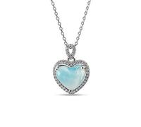 Kiara Jewellery 925 Sterling Silver Small Heart Pendant Necklace Inlaid With Natural Larimar Surrounded by CZ Stones on 18" Sterling Silver Trace Or Curb Chain. Rhodium Plated.