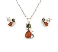 Kiara Jewellery 925 Sterling Small Silver Sitting Cat Pendant Necklace & Matching Earrings Set Inlaid With Multi Colour Baltic Amber on 18" Sterling Silver Chain