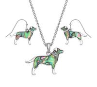 Kiara Jewellery Boxed Set Labrador Dog Pendant Necklace Inlaid With Greenish Paua Abalone Shell And Glass Stone Collar on 18" Trace Chain And Matching Hypoallergenic Fishhook Earrings