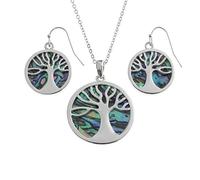 Kiara Jewellery Boxed Set of Reversible Celtic Tree Of Life Pendant on 18" Trace Chain Inlaid Both Sides With Bluish Green Paua Abalone Shell With Matching Hypoallergenic Earrings. Rhodium Plated.