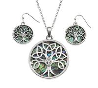 Kiara Jewellery Boxed Set of Reversible Celtic Tree Of Life Pendant with inset glass stone on 18" Trace Chain Inlaid Both Sides With Paua Abalone Shell With Matching Hypoallergenic Earrings.