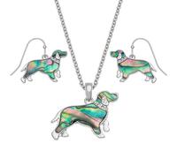 Kiara Jewellery Boxed Set Spaniel Dog Pendant Necklace Inlaid With Greenish Paua Abalone Shell And Glass Stone Collar on 18" Trace Chain And Matching Hypoallergenic Fishhook Earrings