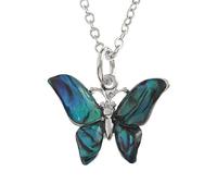 Kiara Jewellery Butterfly Pendant Necklace Inlaid With Natural Bluish Green Paua Abalone Shell on 18" Trace Chain. Non Tarnish Plating