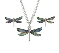 Kiara Jewellery Dragonfly Boxed Pendant Necklace And Stud Earring Set Inlaid With Natural Bluish Green Paua Abalone Shell on 18" Trace Chain. Non Tarnish Silver Colour Rhodium plated.