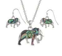 Kiara Jewellery Elephant Boxed Set of Pendant Inlaid With Natural greenish blue Paua Abalone Shell on 18" Trace Chain Together With Matching Hypoallergenic Rhodium plated Earrings.