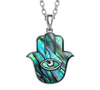 Kiara Jewellery Hamsa Hand Pendant Necklace Inlaid With Greenish Paua Abalone Shell On 18"/20" Trace Chain.