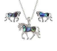 Kiara Jewellery Horse Boxed Pendant Necklace And Stud Earring Set Inlaid With Natural Bluish Green Paua Abalone Shell on 18" Trace Chain. Non Tarnish Silver Colour Rhodium plated.