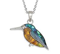 Kiara Jewellery Kingfisher Pendant Necklace Inlaid With Bluish Green And Orange Paua Abalone Shell on 18" Trace Chain. Rhodium Style Plating.