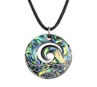 Kiara Jewellery Maori Koru or Wave Crest Pendant Necklace Inlaid With Bluish Green Paua Abalone Shell on 18" Black Cord On Black Plastic Back Disc.