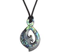Kiara Jewellery Maori Twist or Pikorua Pendant Necklace Inlaid With Bluish Green Paua Abalone Shell on 18" Black Cord On BLACK PLASTIC BACK DISC.