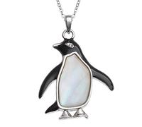 Kiara Jewellery Penguin Pendant Necklace Inlaid With Mother of Pearl on 18" Trace Chain. Rhodium Style Plating