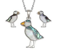 Kiara Jewellery Puffin Boxed Set of Pendant Inlaid With Natural green And Mother Of Pearl Paua Abalone Shell on 18" Trace Chain Together With Matching Hypoallergenic Rhodium plated Earrings.