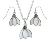 Kiara Jewellery Snowdrop/Flower Pendant Necklace/Earring Set Inlaid With Greenish Paua Abalone Shell & Mother of Pearl On 18"/20" Trace Chain.
