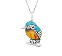 Kiara Jewellery Sterling Silver Multicolour Kingfisher Bird Pendant Necklace Inset With Baltic Amber And Turquoise on 18" Sterling Silver Chain