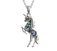 Kiara Jewellery Unicorn Pendant Necklace Inlaid With Natural greenish blue Paua Abalone Shell on 18" Trace Chain. Non Tarnish Plating