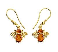 Kiara Jewellery Yellow Gold Plated 925 Sterling Silver Bee Fishhook Earrings Inset With Brown Baltic Amber.