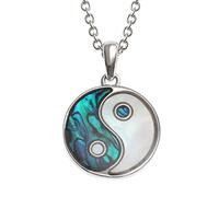 Kiara Jewellery Yin Yang Reversible Pendant Necklace Inlaid Both Sides With Bluish Green Paua Abalone Shell & Mother of Pearl on 18" Chain. Rhodium style plating.