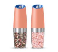 KIARYUOLL Gravity Electric Salt And Pepper Grinder Set, Automatic Salt And Pepper Grinder Set, Battery Powered (6 AAA Batteries Each), Adjustable Roughness, LED Light, 2 Pack, (Pink)