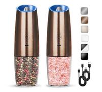 KIARYUOLL Rechargeable Electric Salt And Pepper Grinder Set, Automatic Gravity Electric Salt And Pepper Grinder Set, Adjustable Roughness, Led Light, 2 Pack, (Copper)