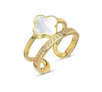 KIASRZN Gold Four Leaf Clover Ring for Women,Lucky four-leaf clover cubic zirconia adjustable double layer open ring,Exquisite super sparkling zircon ring suitable for women's daily wear (White)