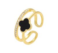 KIASRZN Gold Four Leaf Clover Ring for Women,Lucky four-leaf clover cubic zirconia adjustable double layer open ring,Exquisite super sparkling zircon ring suitable for women's daily wear (Black)