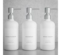 KIBAGA Stylish Shampoo and Conditioner Dispenser Set of 3-21oz Shower Soap Bottles with Pump Labels Easy to Refill Body Wash Dispensers for an Instant Bathroom Décor, White (kiba-shampoo-w_23-043b)