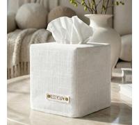KIBAGA Stylish Square Tissue Box Cover - Modern White Linen Holder - Perfect Cube Cover for Bathroom & Home