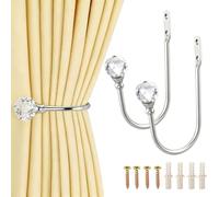 KIBBEH 2 Pcs Heavy Duty U Shaped Metal Curtain Holdbacks with Clear Crystal Ball, Antique Silver, Vintage Style Wall Hooks for Drapery