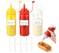 KIBBEH 3 Pcs Squeeze Bottle, 360ml Plastic Sauce Bottles with Caps & 8 Write-on Labels - Food-Grade PE Material Condiment Dispensers for Ketchup, Mustard, Mayo, Salad Dressing, Olive Oil, BBQ Sauce