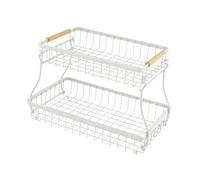 KiBcsLic 2-layer Fruit Basket, Vegetable Holder, Large Capacity, Iron Tray, Wooden Handle, Stable, Modern, Organization, Organizer, Vegetable Rack, White