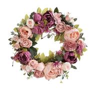 KiBcsLic Spring Wreath for The Front Door, 40.6 Cm, Green Leaves, Farmhouse, Artificial Peonies, Flower Garland for Balcony, Office, Hotel, Home, Bean Paste Violet