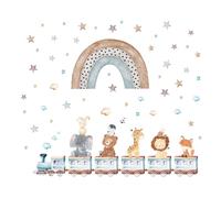 Kibi Children's Wall Stickers with Rainbow and Animals on Train, Nursery Decoration, Safari Theme with Stars and Clouds, Wall Sticker Bedroom Children