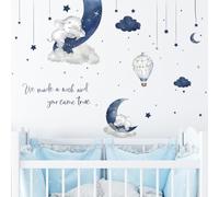 Kibi Pink Elephant Wall Stickers for Bedroom, Moon and Stars Theme, Clouds and Hot Air Balloon, 90 x 40 cm, Children Decoration (Blue)