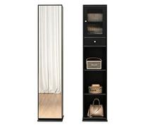 KIBONCY Nordic Solid Wood Rotating Full Length Mirror Cabinet Freestanding All in One Dressing with Bookshelf Storage for Bedroom Small Space(Black)