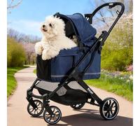 Kicari All-Terrain Dog Stroller for Small to Medium Dogs, Pet Stroller for Dogs & Cats Outdoor Walks, One-Hand Easy Fold, Double-Layer Anti-UV & Waterproof Canopy & Breathable Mesh, Midnight Blue